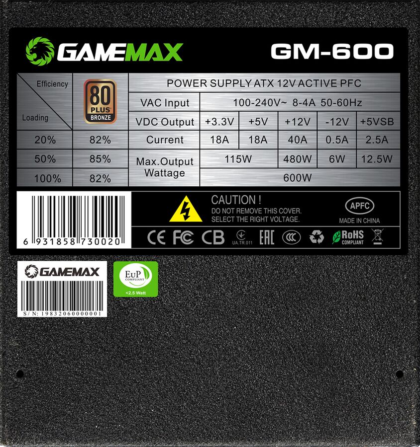 GameMax RPG Rampage 600W 80+ Bronze PSU - GMXRPG600